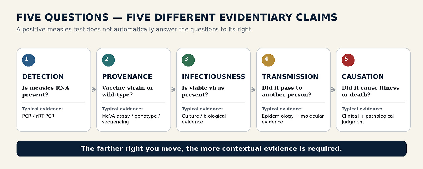 Technical drawing showing five distinct evidentiary questions: detection, provenance, infectiousness, transmission and causation