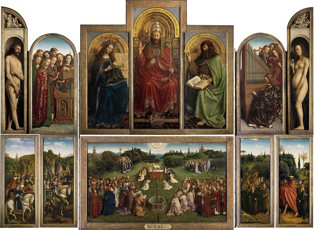 Jan van Eyck Ghent Altarpiece opened, all panels visible, angels and the Lamb of God at center Jan van Eyck Ghent Altarpiece opened, all panels visible, angels and the Lamb of God at center