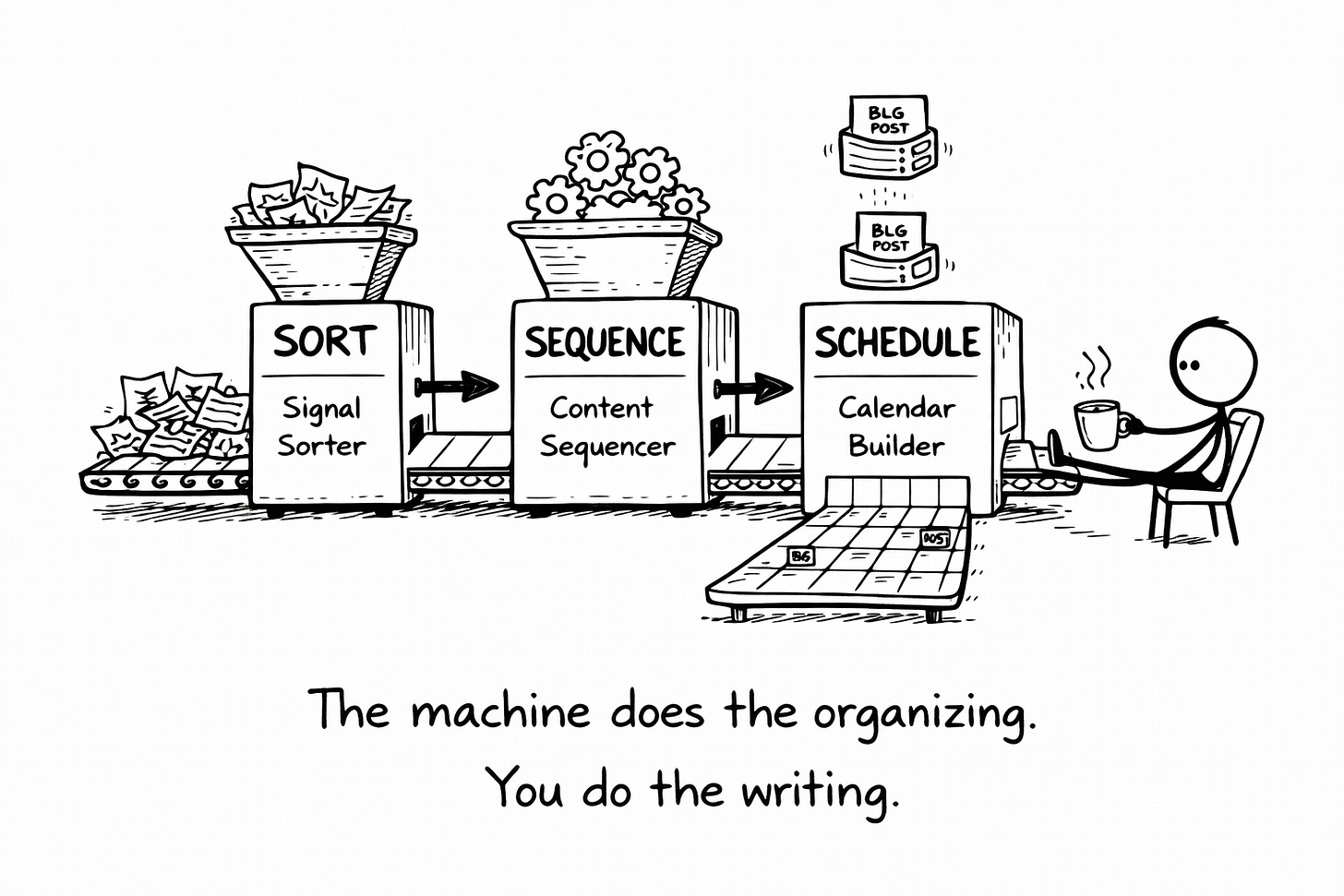 That's Image Placeholder #3 — Option A (the factory assembly line). The stick figure with coffee and feet up is a perfect touch.  SEO-Optimized Alt Tags Option 1 (keyword-rich): Hand-drawn illustration of three AI prompt stations labeled Sort Signal Sorter then Sequence Content Sequencer then Schedule Calendar Builder processing messy content ideas into blog posts while a stick figure creator relaxes with coffee
