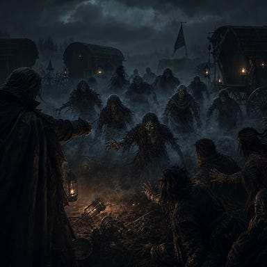 Flashback of undead pack unleashed by Van Richten against the Radanovich camp; spectral ghouls and shambling corpses emerging from swirling mist; lanterns overturned; Vistani wagons silhouetted; no graphic gore; Barovian Gothic atmosphere; original faces with no resemblance to real people