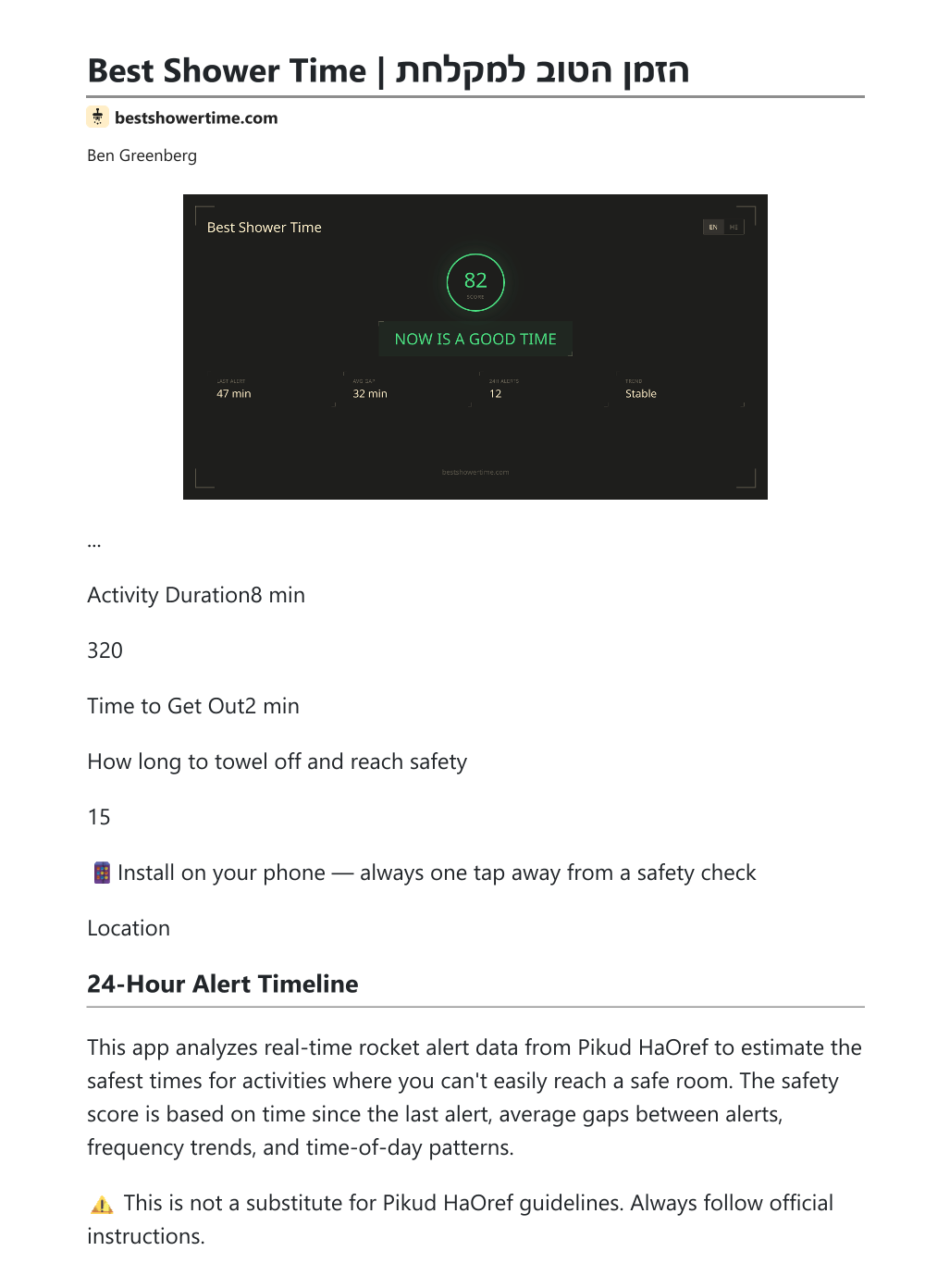 Best Shower Time showing all the info available on the page