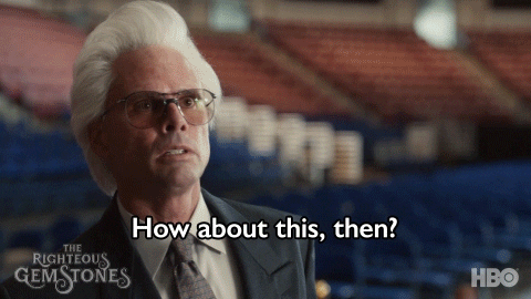 A gif of Uncle Baby Billy in The Righteous Gemstones saying, "How about this, then? Huh? How about that?" and giving the middle finger