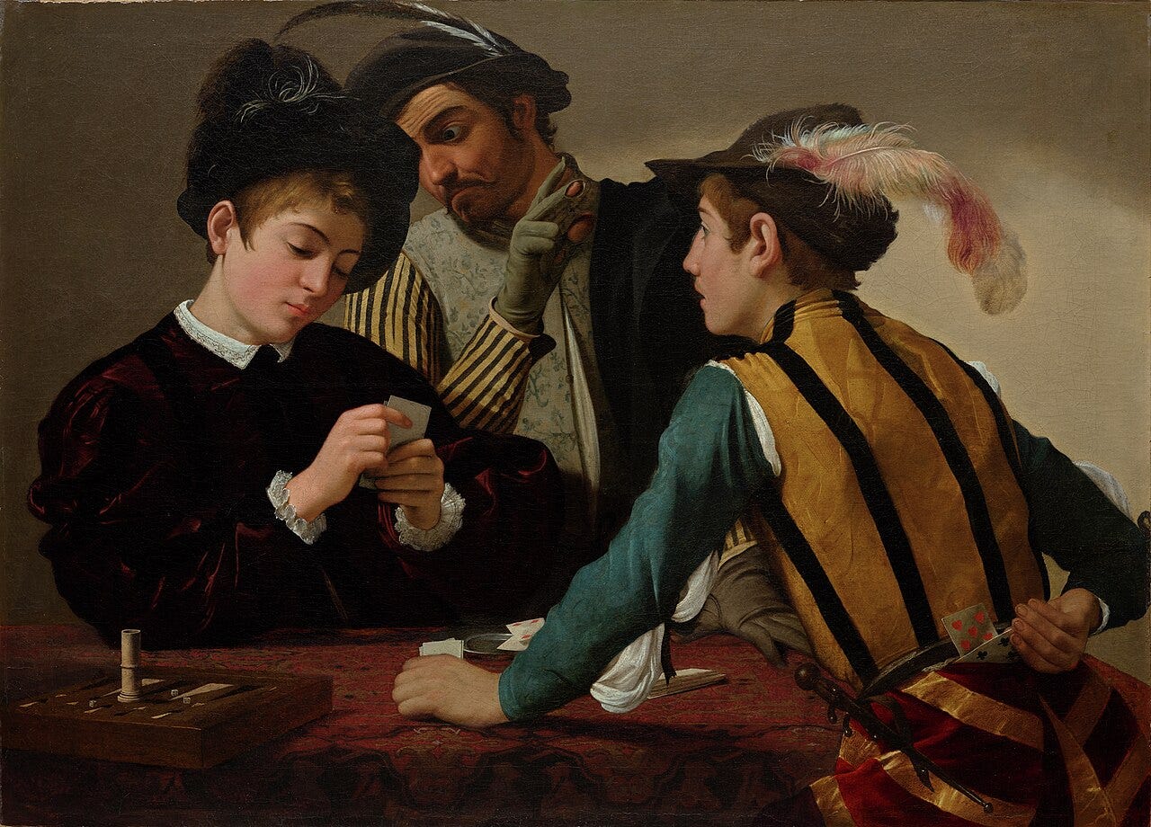 Caravaggio's Cardsharps, a young man being cheated at a card table Caravaggio's Cardsharps, a young man being cheated at a card table