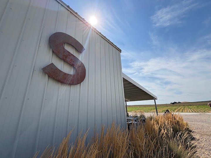 A gallery from Scoria Vineyards in Caldwell, Idaho: a rusted metal 'S' sign on the exterior of the tasting room barn overlooking the vineyard, and a framed geologic map of the Boise Valley and western Snake River Plain on display inside.