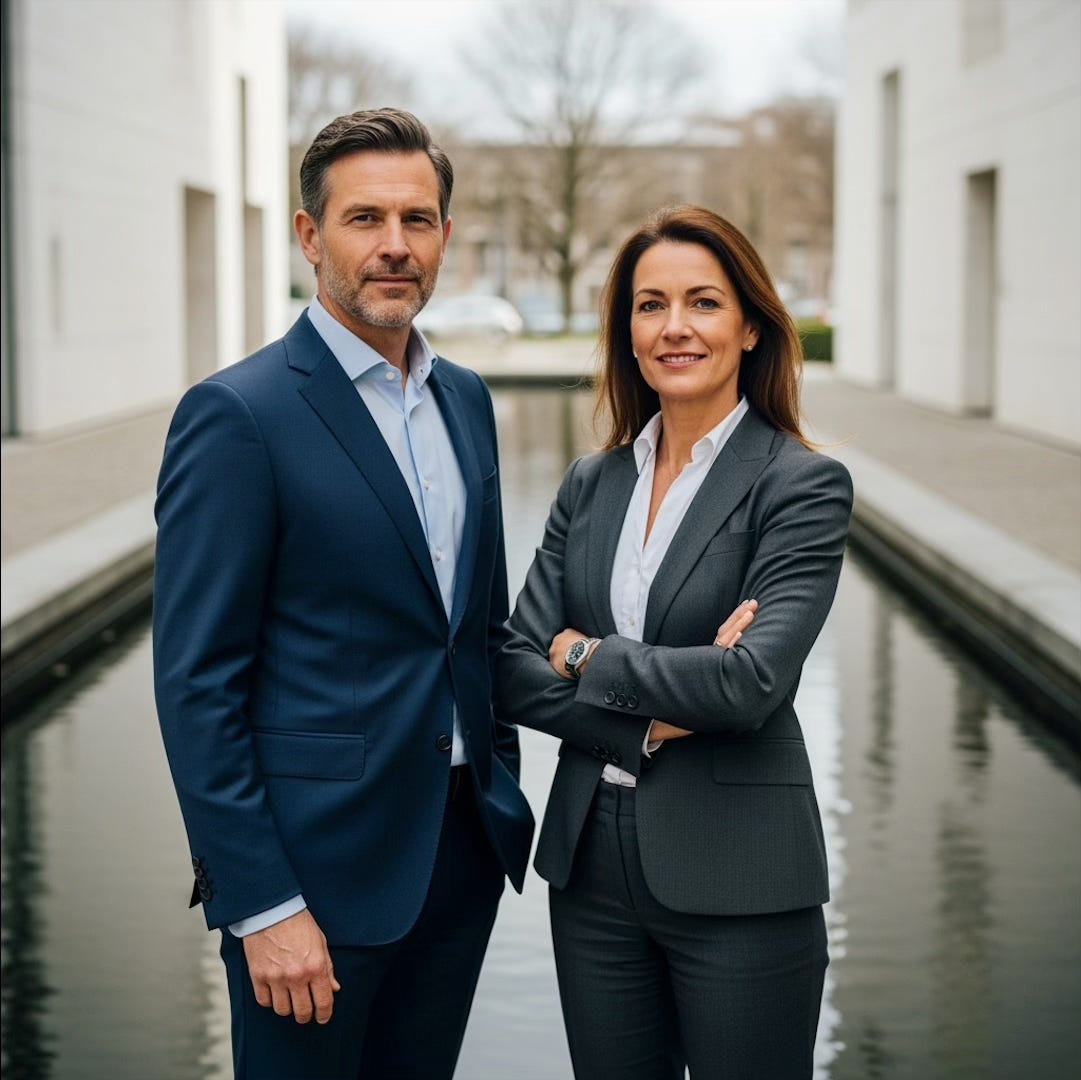 Portrait of a midlife man and woman standing together, calm and confident expressions, symbolizing hidden power and reinvention.