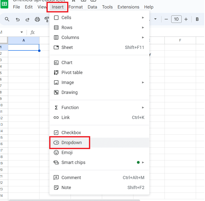 Go to the Insert menu and select the Dropdown option