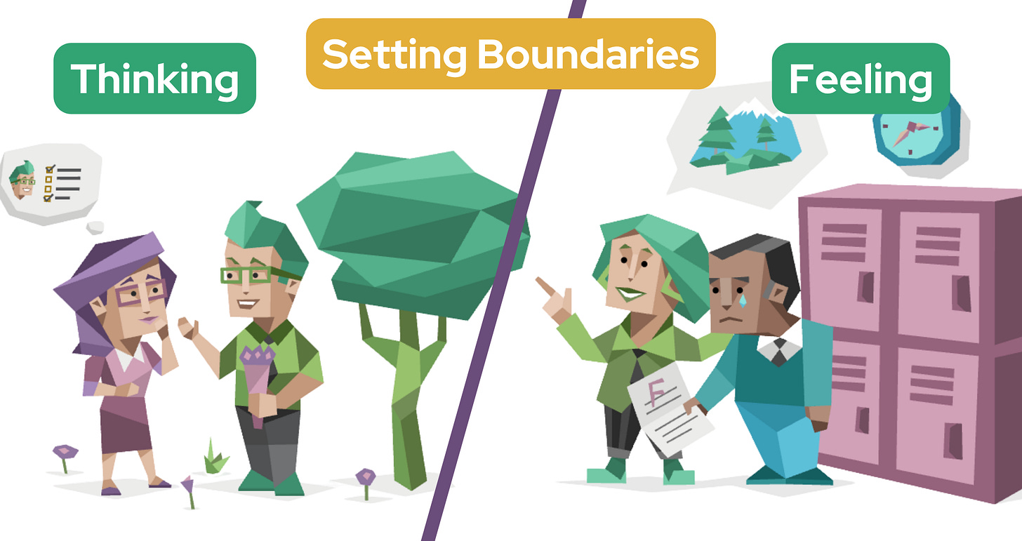 On the left, a Thinking woman is on a date with a man. In her head, she analyzes how many qualities of an ideal partner he displays. On the right, a Feeling man is standing by a row of lockers crying over an F grade on an assignment. A teacher pats his back and comforts him. Text in a yellow banner reads: Setting Boundaries.