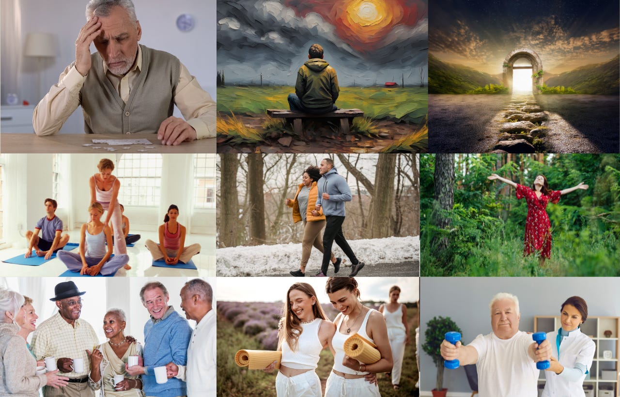 Six-picture collage with the theme of physical and social activity for a healthier life. 
