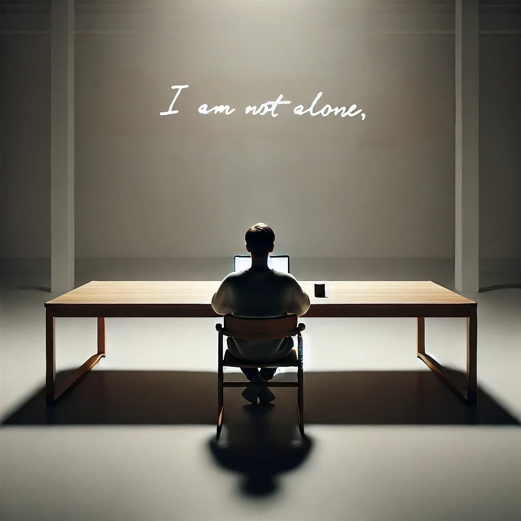 A photo from behind of a person sitting alone at a minimalistic oak table in the style of John Pawson, in front of a laptop during the evening. The person is in the middle of an empty white room, with soft dim lighting casting subtle shadows. The composition emphasizes a strong sense of quiet and loneliness, with vast empty space surrounding the solitary figure. The scene has a serene yet melancholic atmosphere, with clean lines and a minimalist aesthetic. In the image, there is a handwritten italic text that says 'I am not alone,' adding a reflective and emotional touch to the scene. On the wall, there is another text that reads 'I am not alone,' reinforcing the contemplative theme. A photo from behind of a person sitting alone at a minimalistic oak table in the style of John Pawson, in front of a laptop during the evening. The person is in the middle of an empty white room, with soft dim lighting casting subtle shadows. The composition emphasizes a strong sense of quiet and loneliness, with vast empty space surrounding the solitary figure. The scene has a serene yet melancholic atmosphere, with clean lines and a minimalist aesthetic. In the image, there is a handwritten italic text that says 'I am not alone,' adding a reflective and emotional touch to the scene. On the wall, there is another text that reads 'I am not alone,' reinforcing the contemplative theme.