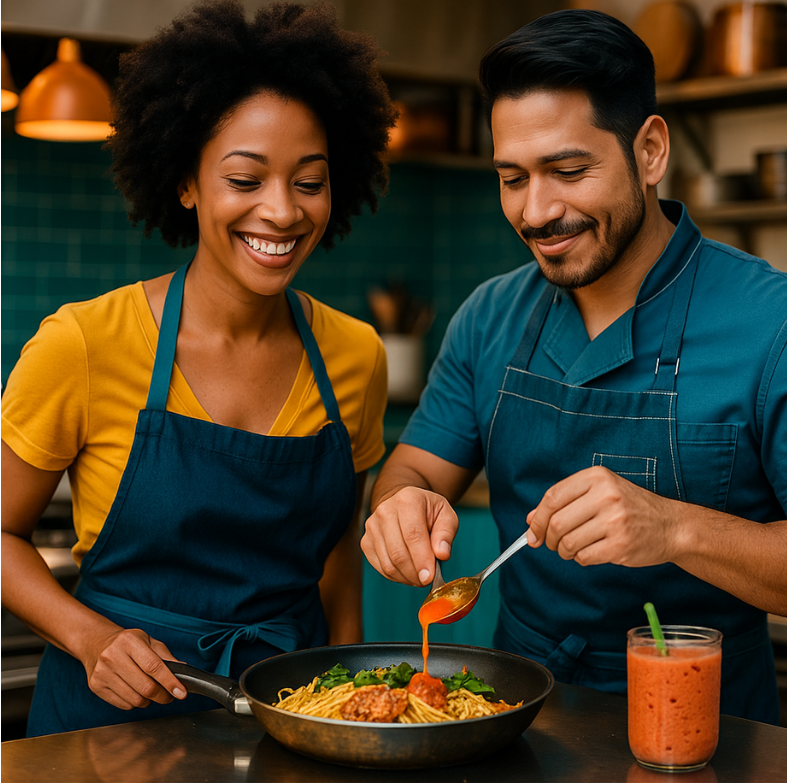 Milo and Kate smiling while preparing and plating food together at home, wearing casual aprons in a cozy kitchen setting. Milo and Kate smiling while preparing and plating food together at home, wearing casual aprons in a cozy kitchen setting.