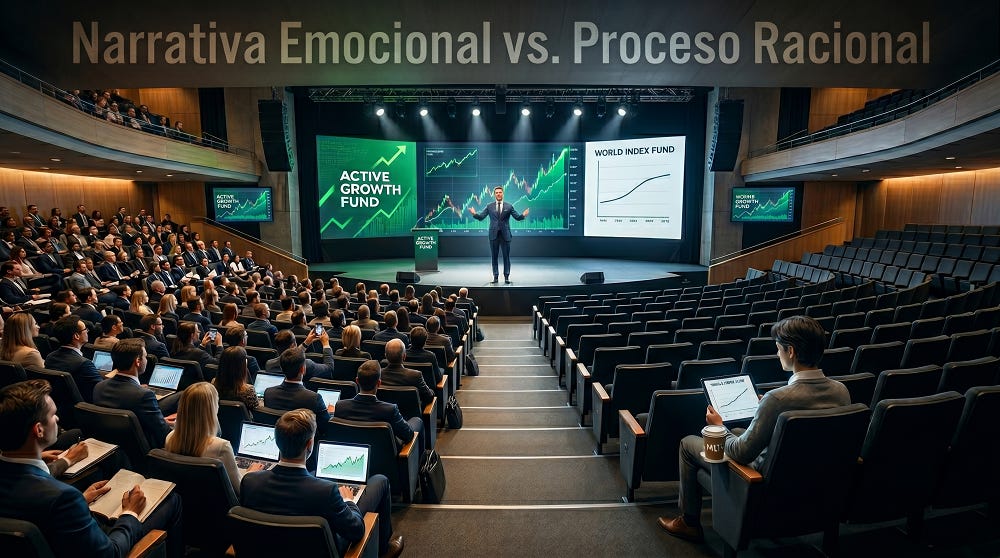 Un gran auditorio moderno dividido visualmente en dos partes: a la izquierda, una multitud de inversores atiende con entusiasmo la conferencia de un gestor financiero rodeado de pantallas verdes con gráficos alcistas (Gestión Activa). A la derecha, las butacas están vacías excepto por un único inversor tranquilo que analiza un gráfico de crecimiento constante en su tablet (Inversión Indexada). En el encabezado superior se lee el texto: Narrativa Emocional vs. Proceso Racional Un gran auditorio moderno dividido visualmente en dos partes: a la izquierda, una multitud de inversores atiende con entusiasmo la conferencia de un gestor financiero rodeado de pantallas verdes con gráficos alcistas (Gestión Activa). A la derecha, las butacas están vacías excepto por un único inversor tranquilo que analiza un gráfico de crecimiento constante en su tablet (Inversión Indexada). En el encabezado superior se lee el texto: Narrativa Emocional vs. Proceso Racional