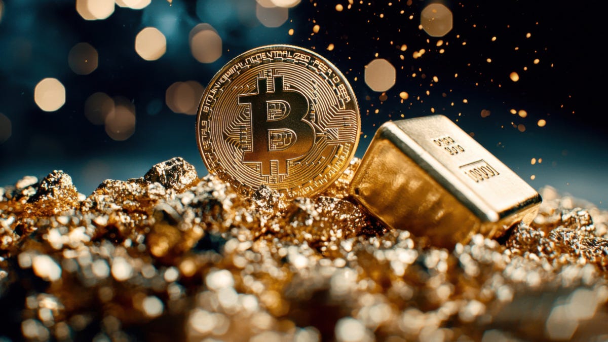 Bitcoin coin floating over pile of gold bars and nuggets, symbolizing wealth and investment. shimmering gold contrasts with digital currency, highlighting modern finance.