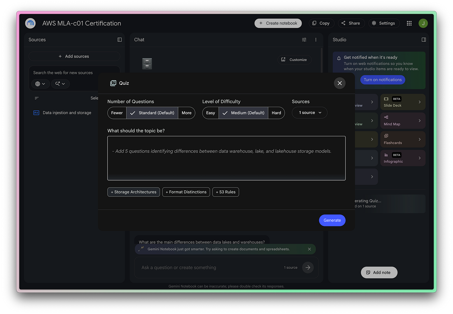 Generating a quiz in Gemini Notebook