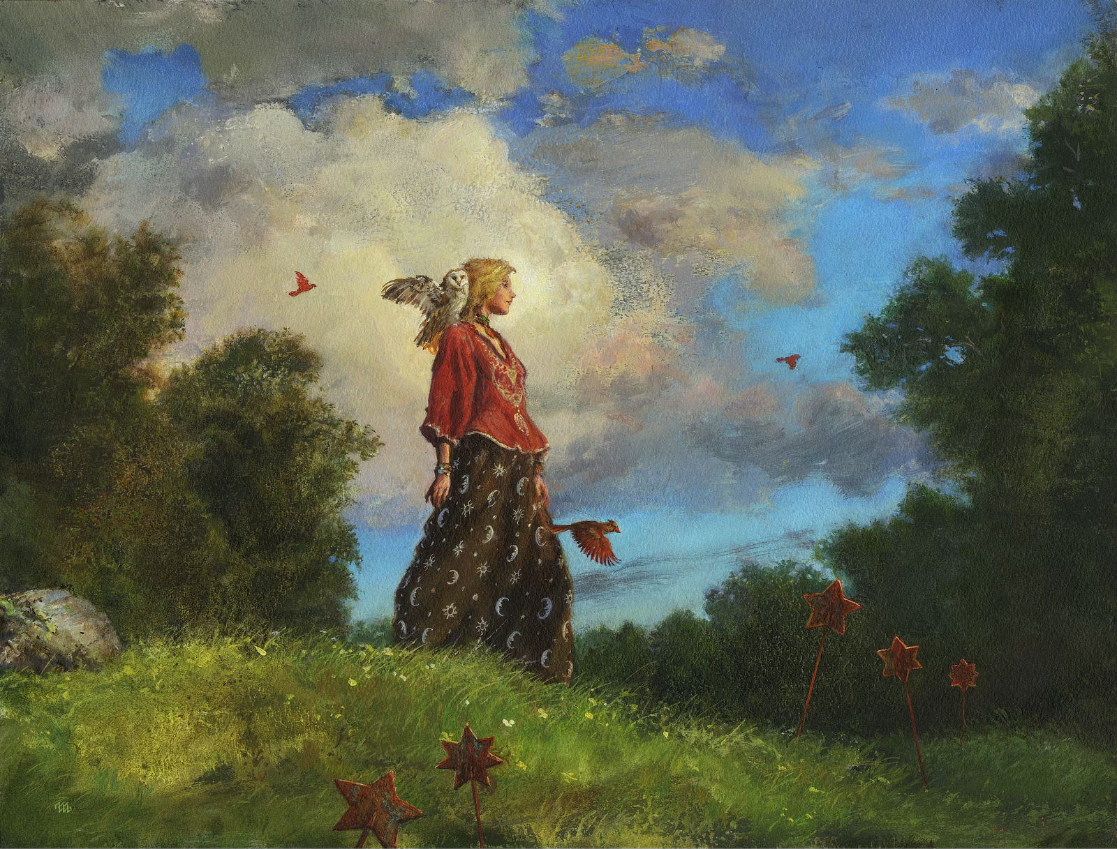 A woman strolls across a field overgrown with wild grass that is nearly glowing in the sunlight. Copper five and six-pointed stars stick out of the ground on sticks. The woman wears a long black dress decorated with astronomical icons (crescent moons and wavy suns). The gold pattern on the front of her red tunic matches blonde hair that falls past her shoulders. A white owl perches on her shoulder with wings spread and beak turned toward the audience. A red-feathered bird flaps past at thigh height and a few more glide in the distance. Verdant trees cover the edges of the panel with a break between exposing billowing clouds that roll across brilliant blue sky. A woman strolls across a field overgrown with wild grass that is nearly glowing in the sunlight. Copper five and six-pointed stars stick out of the ground on sticks. The woman wears a long black dress decorated with astronomical icons (crescent moons and wavy suns). The gold pattern on the front of her red tunic matches blonde hair that falls past her shoulders. A white owl perches on her shoulder with wings spread and beak turned toward the audience. A red-feathered bird flaps past at thigh height and a few more glide in the distance. Verdant trees cover the edges of the panel with a break between exposing billowing clouds that roll across brilliant blue sky.
