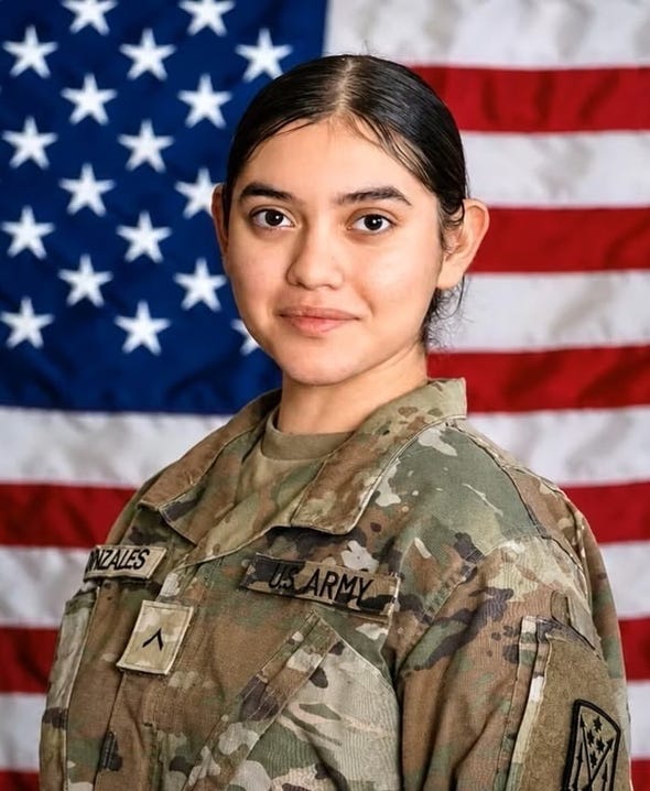 On the left, a picture of a young man in dark-rimmed glasses and a moustache wearing a U.S. Army uniform. ON the right, a young woman in an army uniform in front of an American flag.