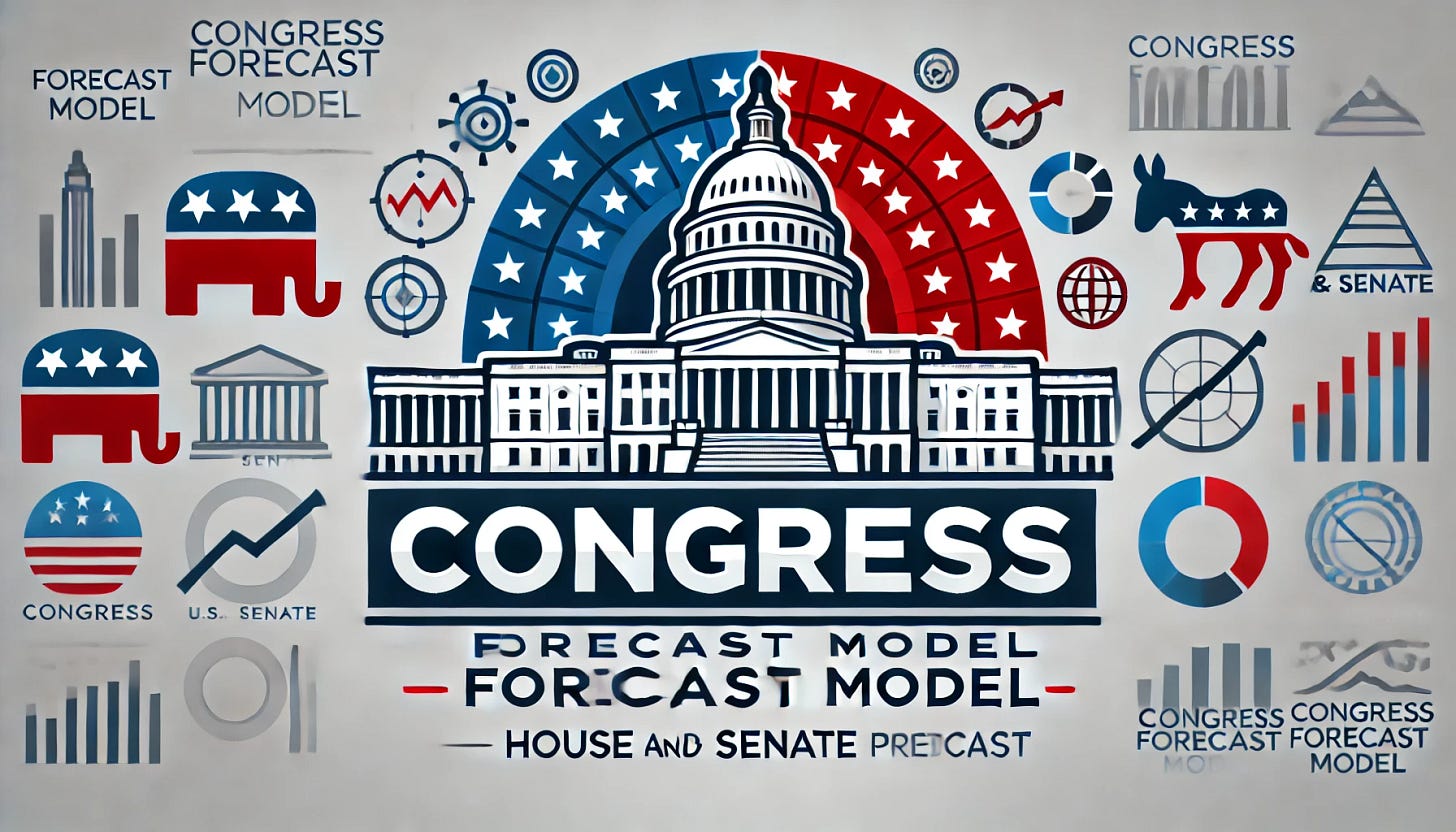 A wide-aspect logo for a Congress (House and Senate) forecast model. The logo should have a modern and clean design with a stylized U.S. Capitol building in the center, focusing equally on both the House and Senate. The Capitol should be flanked by icons or symbols representing data analysis or forecasting, such as graphs, charts, or line predictions. The color scheme should be patriotic, featuring red, white, and blue, with a professional and polished look. The text 'Congress Forecast Model' should be integrated below the visual elements in a sleek, modern font.