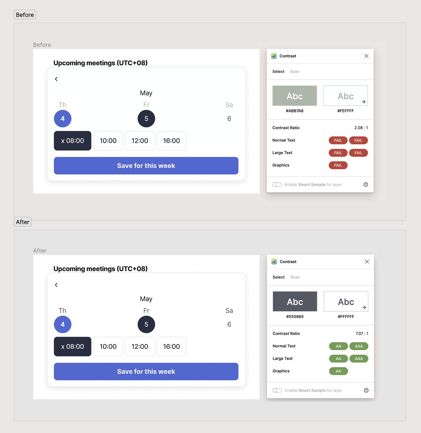 Lunchclub, above — screenshot before with low contrast, below — screenshot after with improved contrast