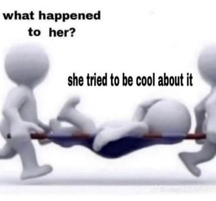 two white animated figures carrying a third on a stretcher. figure one asks "what happened to her?" figure two replies with "she tried to be cool about it"