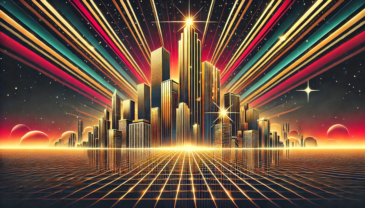 A fully abstract city skyline inspired by the glitz and glamor of the 1980s, with sleek, gold-plated skyscrapers and neon accents spanning the entire width of the image. The scene is set at night, featuring a dark, starry sky with a radiant burst of neon rays in vibrant reds, oranges, and yellows. The buildings have a refined and sophisticated design with clean geometric lines and reflective surfaces, avoiding any cartoonish appearance. The foreground showcases a subtle neon-lit grid that blends seamlessly with the nighttime ambiance. The overall aesthetic is bold, luxurious, and distinctly 1980s, evoking a dynamic and glamorous urban vibe.