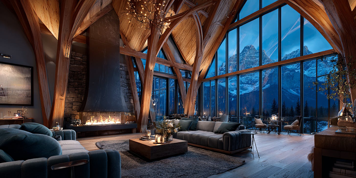 Canadian mountain cabin interior with vaulted ceilings, glass walls, and twilight-inspired decor Canadian mountain cabin interior with vaulted ceilings, glass walls, and twilight-inspired decor