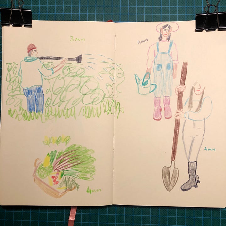 Photos des cinq doubles-pages de mon sketchbook où j’ai dessiné des scènes de potager en animant la session live sur ma chaîne Youtube.