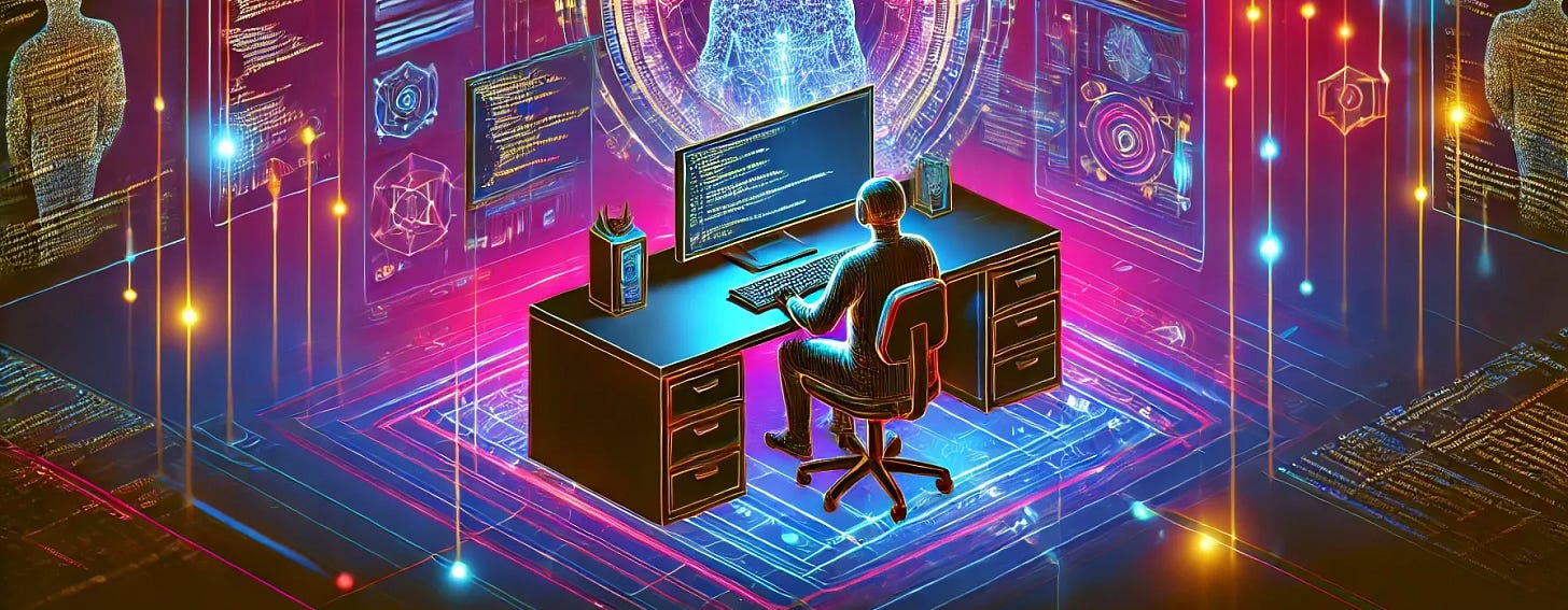 A futuristic and dynamic illustration representing AI-powered software development with a distinct color scheme. The image features a glowing workstation with a holographic coding interface, AI-driven automation tools, and an interconnected digital environment. The background is infused with bold magenta, deep blue, and gold hues, creating a visually unique and energetic aesthetic. The style is sleek and modern, avoiding any text elements.