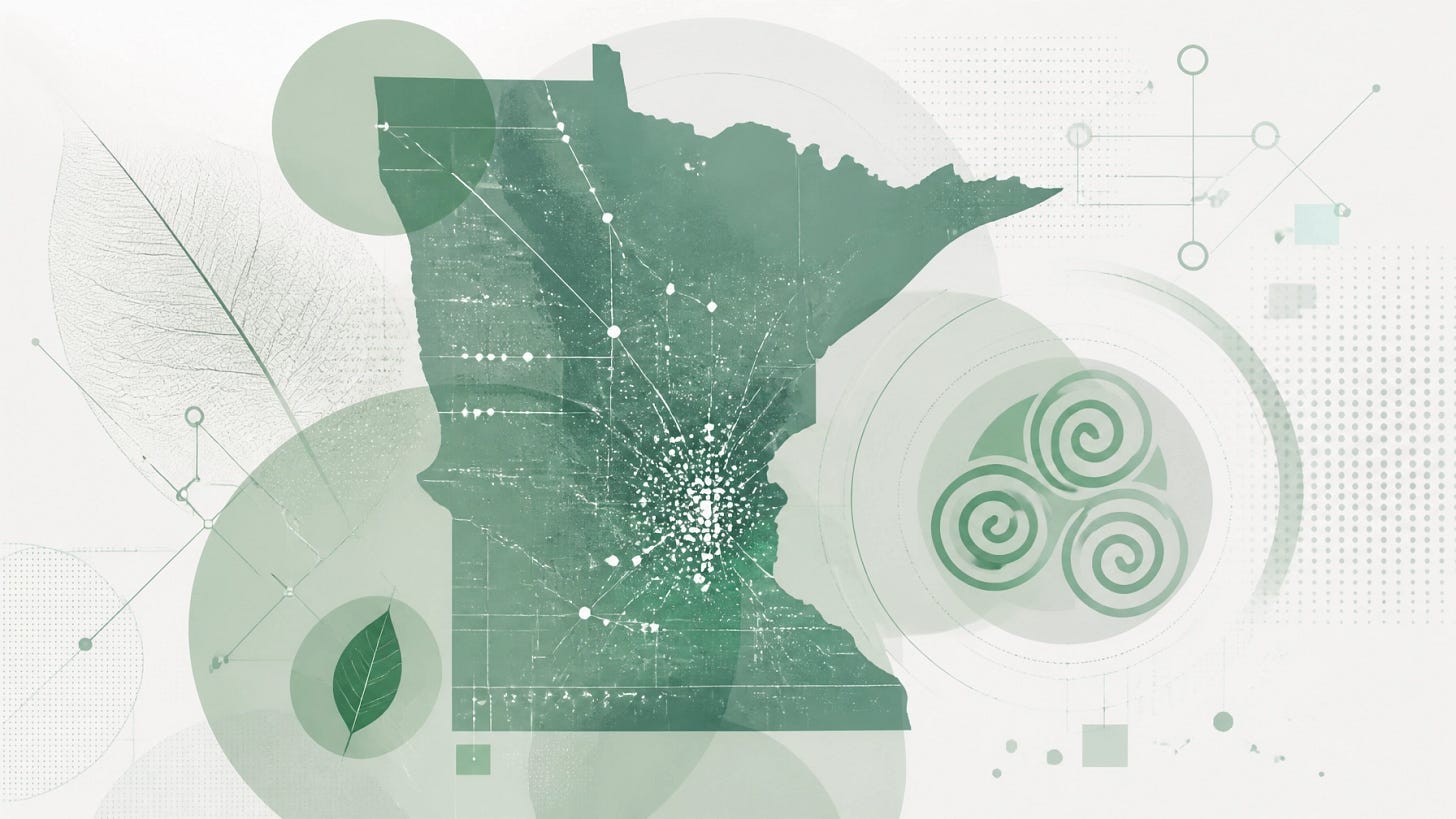 A conceptual, modern design illustration showing a stylized map of Minnesota overlaid with digital data points and translucent green geometric shapes.