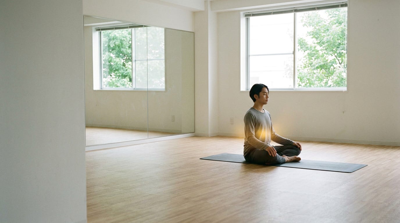 A single person sitting cross-legged on a thin yoga mat in an ordinary gym group-fitness studio after class the room otherwise empty Bright airy daylight fills the space from a large window on one side green foliage and tree branches visible_image_1