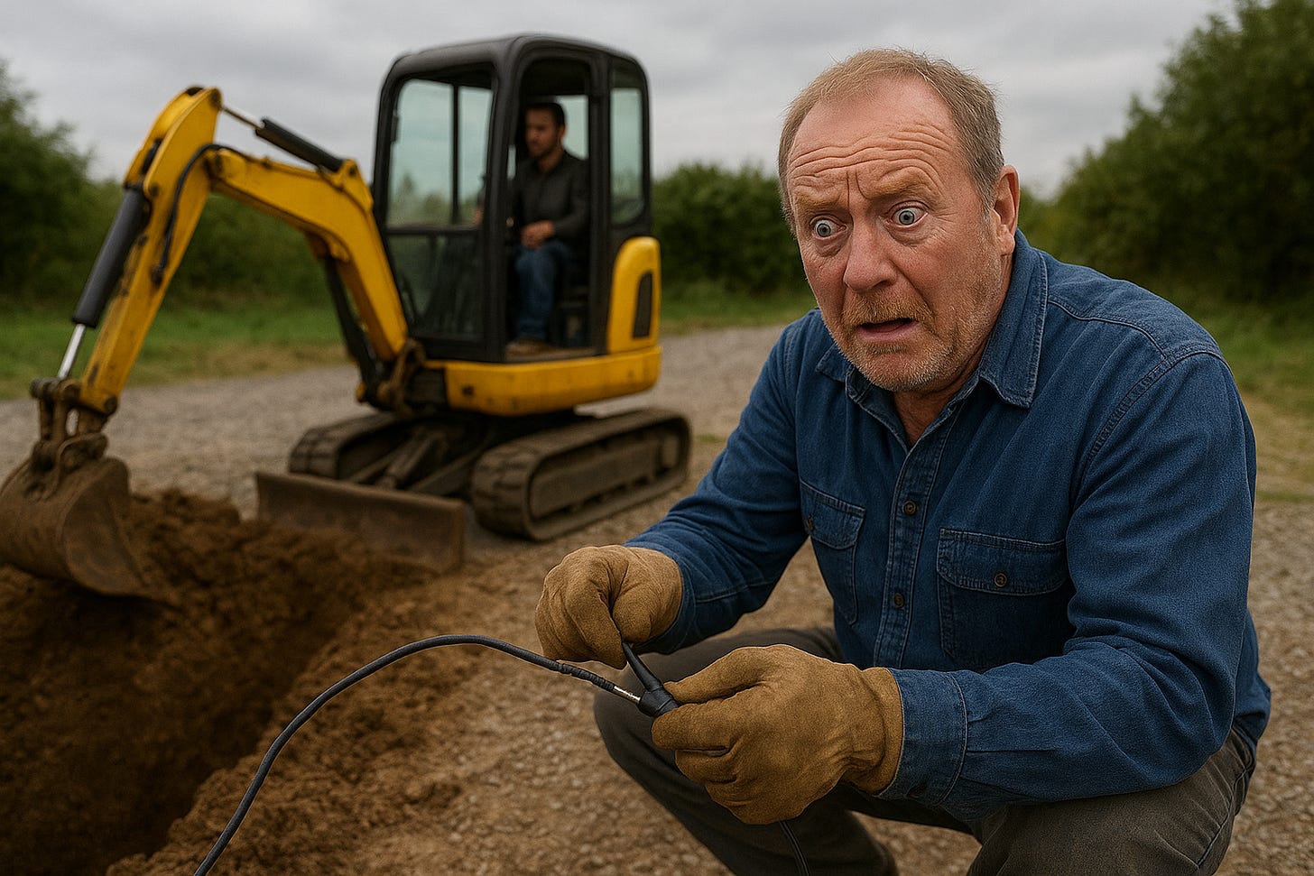 Man looking worried while fixing a wire, with a man working a digger nearby. Man looking worried while fixing a wire, with a man working a digger nearby.