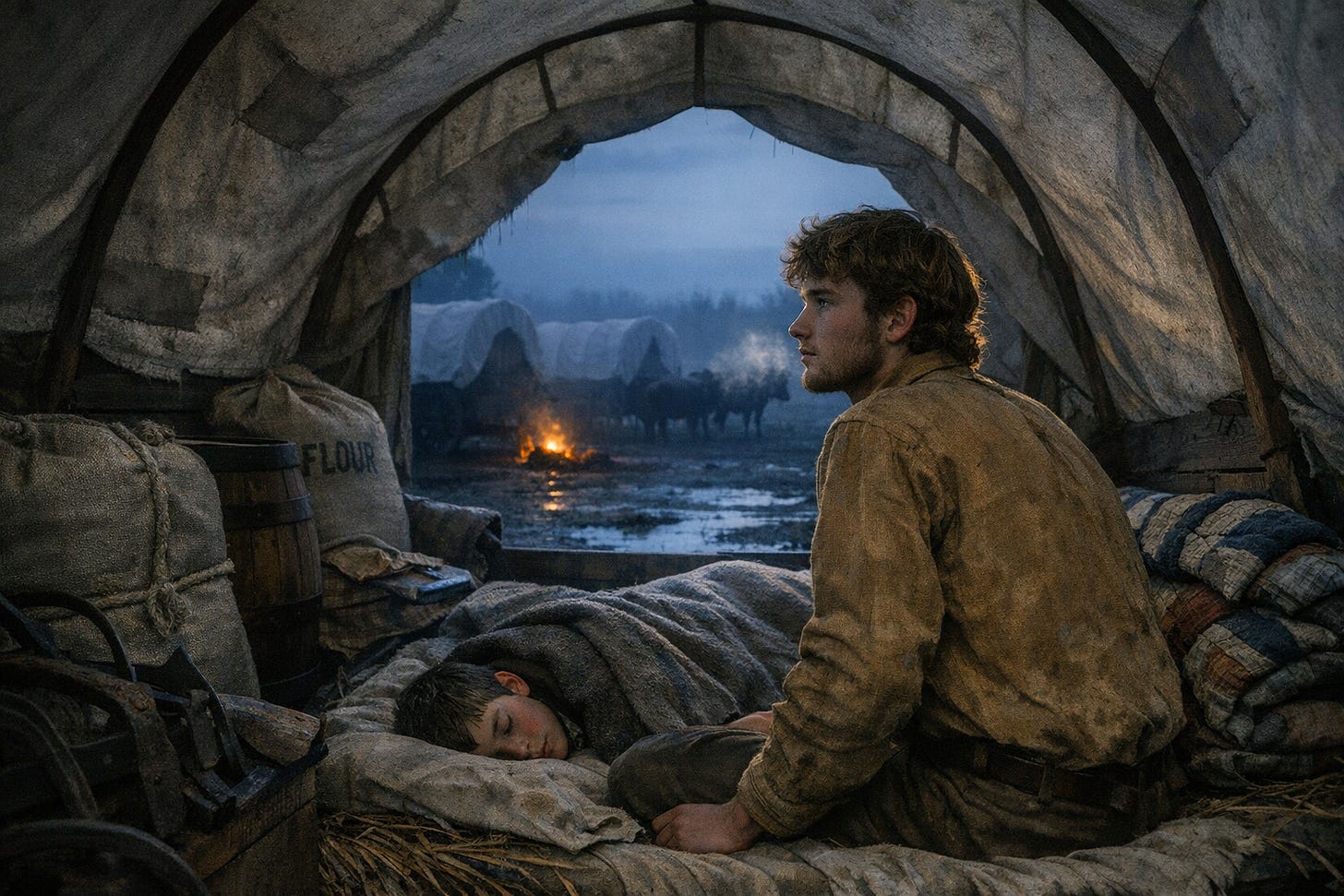 Image Prompt: 16 x 9 landscape format photographic quality Hyperrealistic scene at 4:47 AM, predawn darkness with faint gray light on eastern horizon. Interior view looking out from a covered wagon packed with supplies—burlap flour sacks, wooden barrels, iron plow parts, quilts bundled. An 18yearold young man with lean build, 5’10”, sandybrown curly hair touching his collar, sparse patchy beard along jawline, pale blue eyes, sunweathered tan skin, wearing a wrinkled butternutdyed homespun wool shirt, sits up on a thin straw mattress. A 14yearold boy sleeps beside him under a wool blanket. Canvas wagon cover overhead, showing wear and patches. Through the opening at the wagon’s rear, visible: pale ghostly shapes of other wagon covers in camp, a faint orange glow of a dying campfire, silhouettes of oxen, muddy ground with standing water reflecting predawn sky. Cold breath visible in the air. Authentic 1848 pioneer equipment, no anachronisms..png Image Prompt: 16 x 9 landscape format photographic quality Hyperrealistic scene at 4:47 AM, predawn darkness with faint gray light on eastern horizon. Interior view looking out from a covered wagon packed with supplies—burlap flour sacks, wooden barrels, iron plow parts, quilts bundled. An 18yearold young man with lean build, 5’10”, sandybrown curly hair touching his collar, sparse patchy beard along jawline, pale blue eyes, sunweathered tan skin, wearing a wrinkled butternutdyed homespun wool shirt, sits up on a thin straw mattress. A 14yearold boy sleeps beside him under a wool blanket. Canvas wagon cover overhead, showing wear and patches. Through the opening at the wagon’s rear, visible: pale ghostly shapes of other wagon covers in camp, a faint orange glow of a dying campfire, silhouettes of oxen, muddy ground with standing water reflecting predawn sky. Cold breath visible in the air. Authentic 1848 pioneer equipment, no anachronisms..png