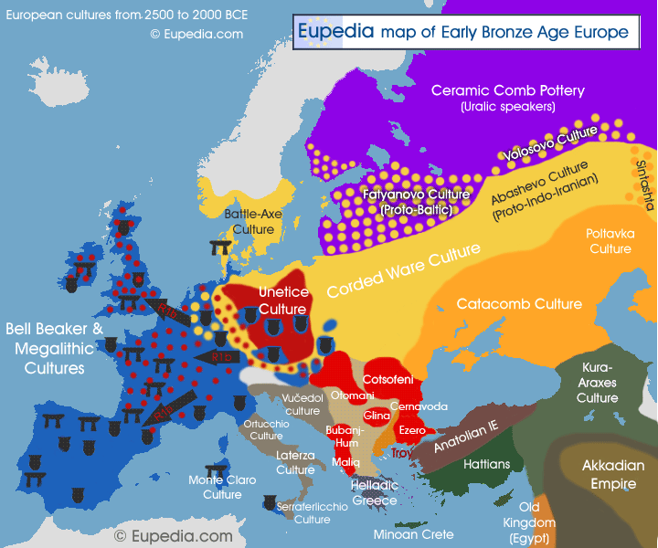 Map of early to middle Bronze Age cultures from c. 2,500 to 2,000 BCE