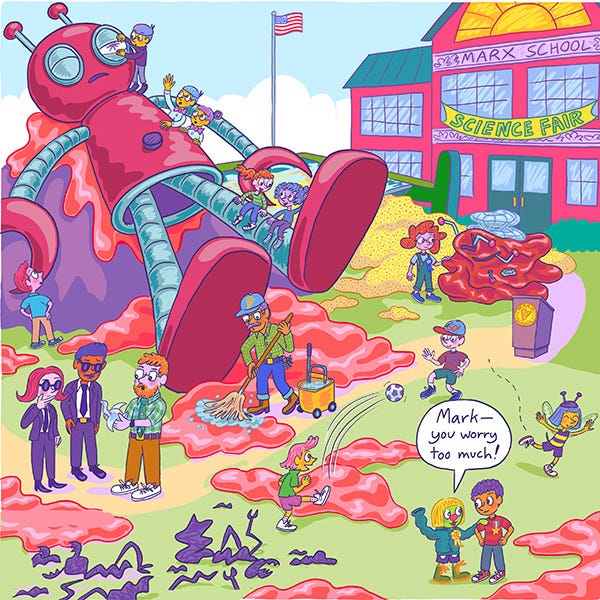 Mark and Zark stand in the school yard. Kids are climbing up a giant robot laying on the ground next to the school building. A custodian is mopping up giant globs of pink slime. Marcia is checking on her weather machine which has been crushed. Two people in suits and sunglasses are talking to Mr. Calamari who is showing them an origami crane. Zark says, “Mark–you worry too much!”