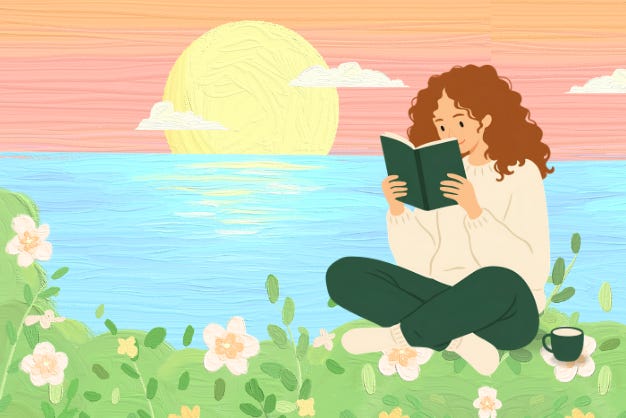 a woman reading a book at sunrise