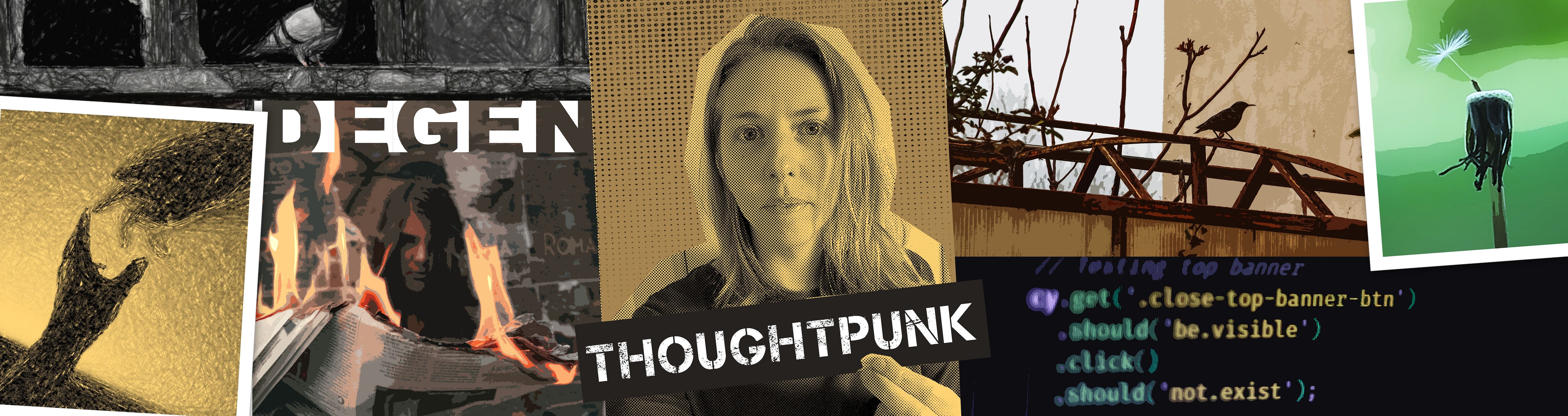 A collage of scrapbook images: Miriam, in low-quality halftone, holding up a sign that reads "thoughtpunk". A burning newspaper. Two hands reaching out. Lines of code on a computer screen. A bird sitting on a wire frame. A single dandelion seed about to take flight.