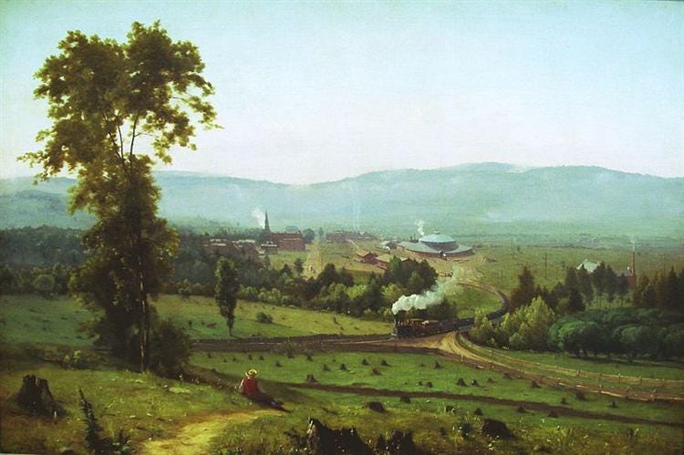 Inness painting of a train roundhouse in a green valley with grazing sheep