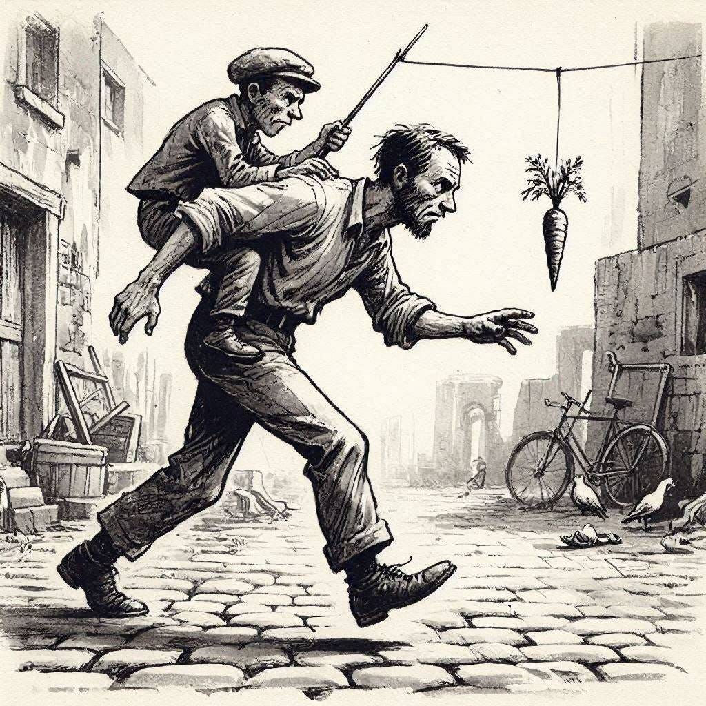Man chasing a carrot that's being dangled in front of him via a stick held by a man sitting on his back in black and white ink and gouache style