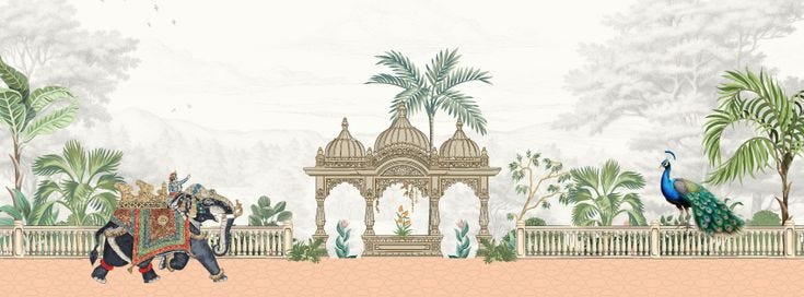 This may contain: an image of two people riding on horses in front of a gazebo and palm trees