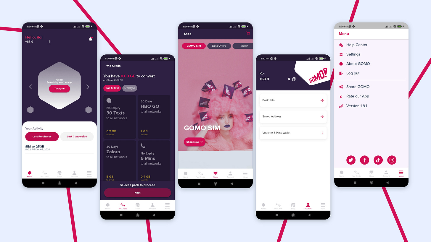 Five screens showing the GOMO app pages.