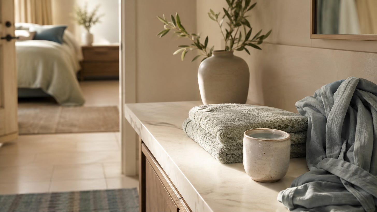A quiet post-session scene with folded towel, water, and soft linen, suggesting gentle integration after online EFT.