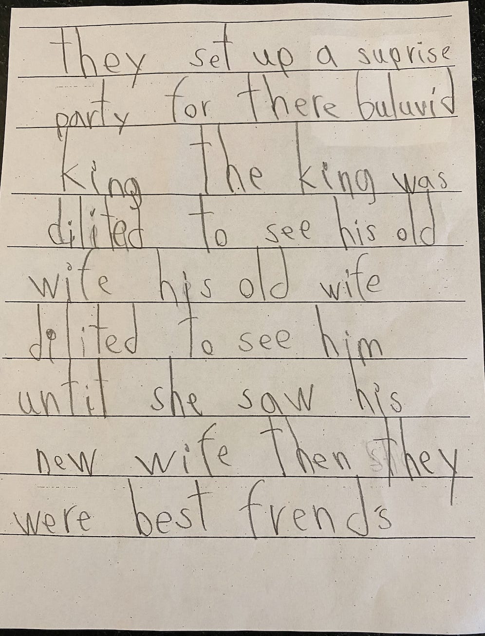The set up a surprise party for their beloved king. The king was delighted to see his old wife. His old wife [was] delighted to see him — until she saw his new wife. Then they were best friends.
