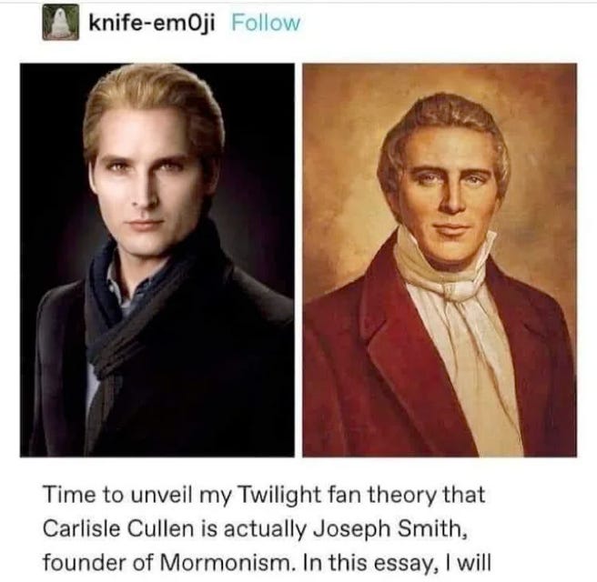Two pictures of blonde men with the caption: "Time to unveil my Twilight fan theory that Carlisle Cullen is actually Joseph Smitn, founder of Mormonism. In this essay, I will"