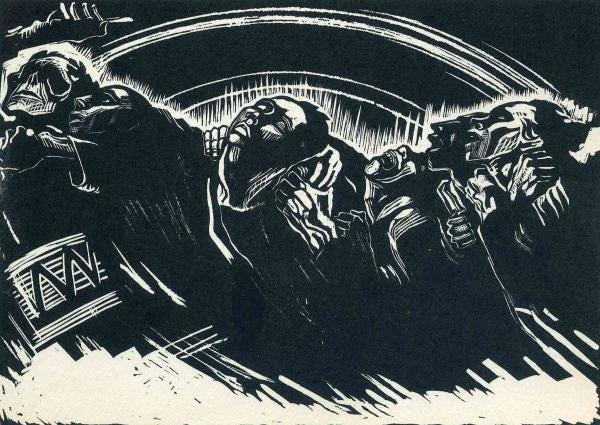 'The Volunteers', woodcut on paper by Käthe Kollwitz (1921–2).