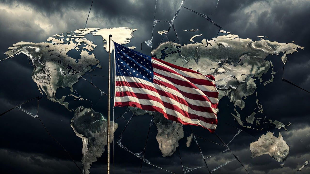 A weathered American flag on a flagpole against a fracturing world map under stormy skies, in cinematic style. A weathered American flag on a flagpole against a fracturing world map under stormy skies, in cinematic style.