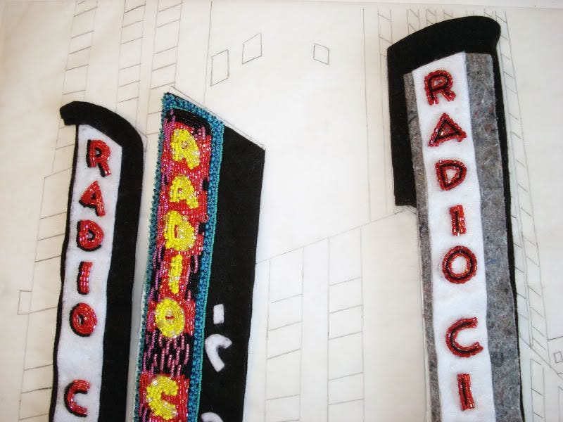 beaded Radio City Music Hall mixed media painting NYC taxi pink beadwork city lights beaded Radio City Music Hall mixed media painting NYC taxi pink beadwork city lights