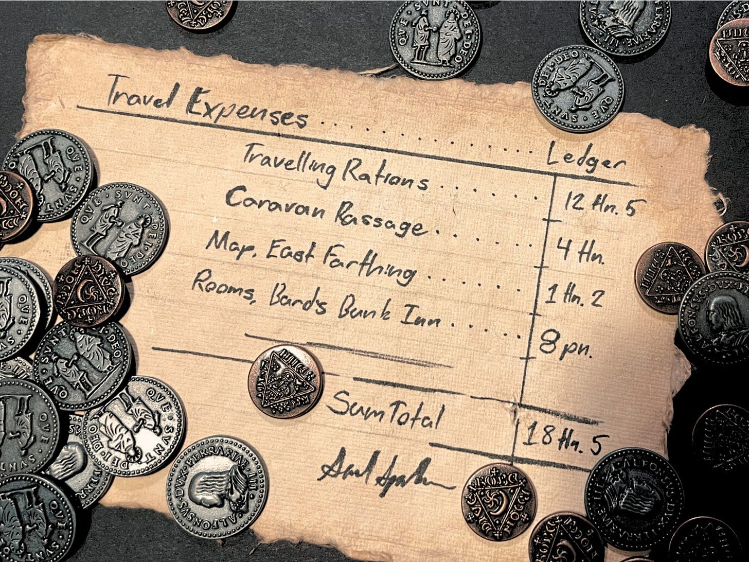 A ldger of travel expenses including rations, caravan passage, and rooms at an inn.