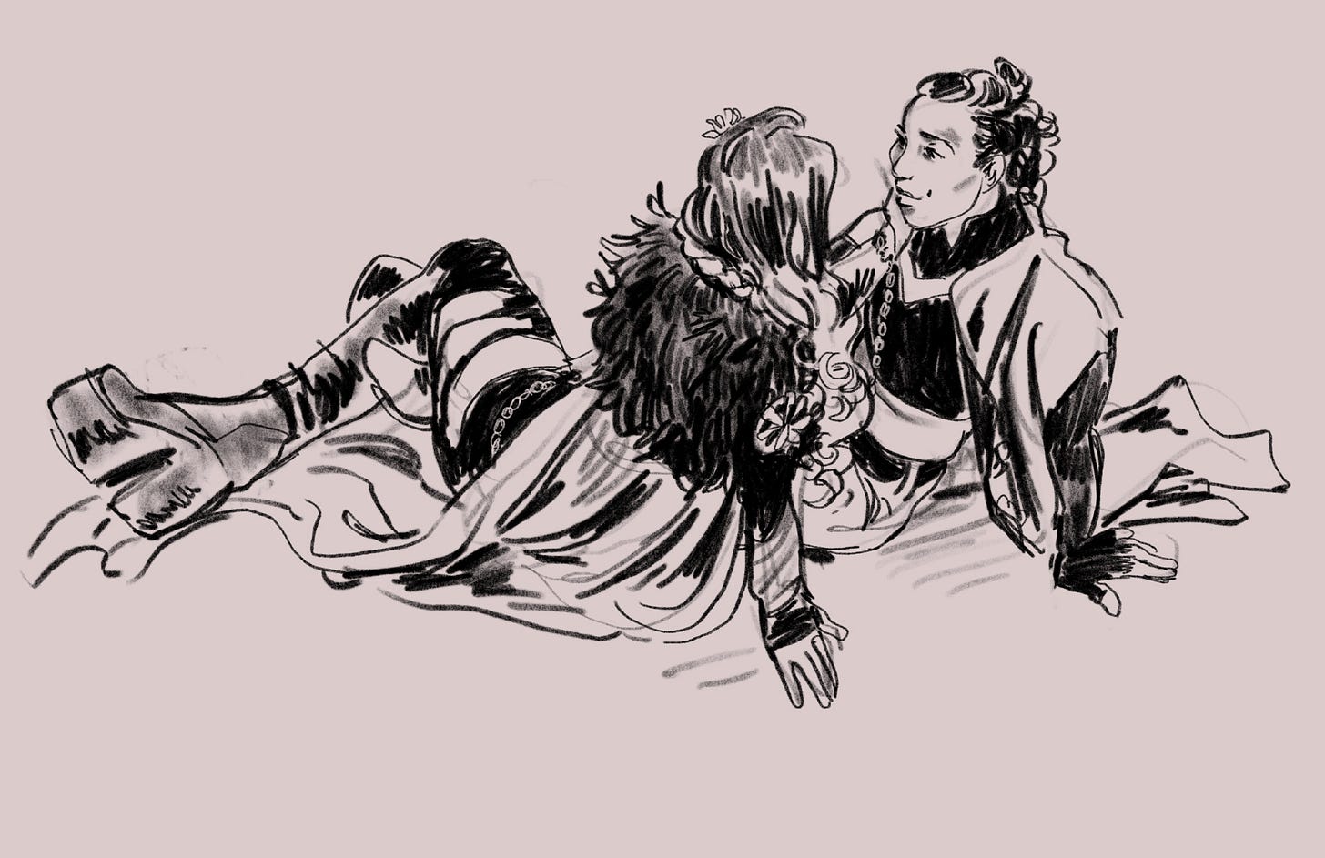 life drawing sketch of two models in cosplay 