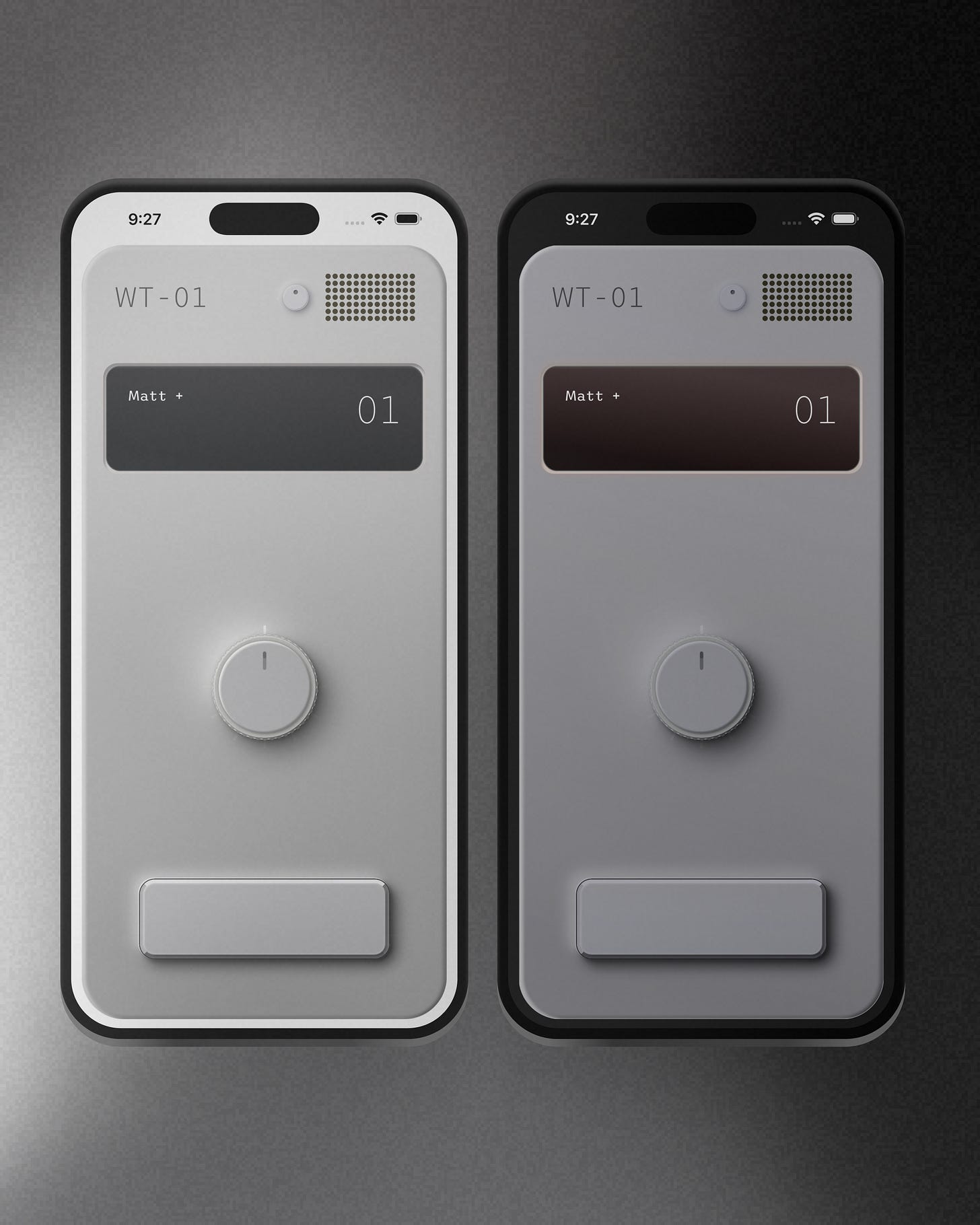 WT-01 shown in light and dark mode side by side, with the same silver body, screen, dial, and push-to-talk button relit for each mode. WT-01 shown in light and dark mode side by side, with the same silver body, screen, dial, and push-to-talk button relit for each mode.