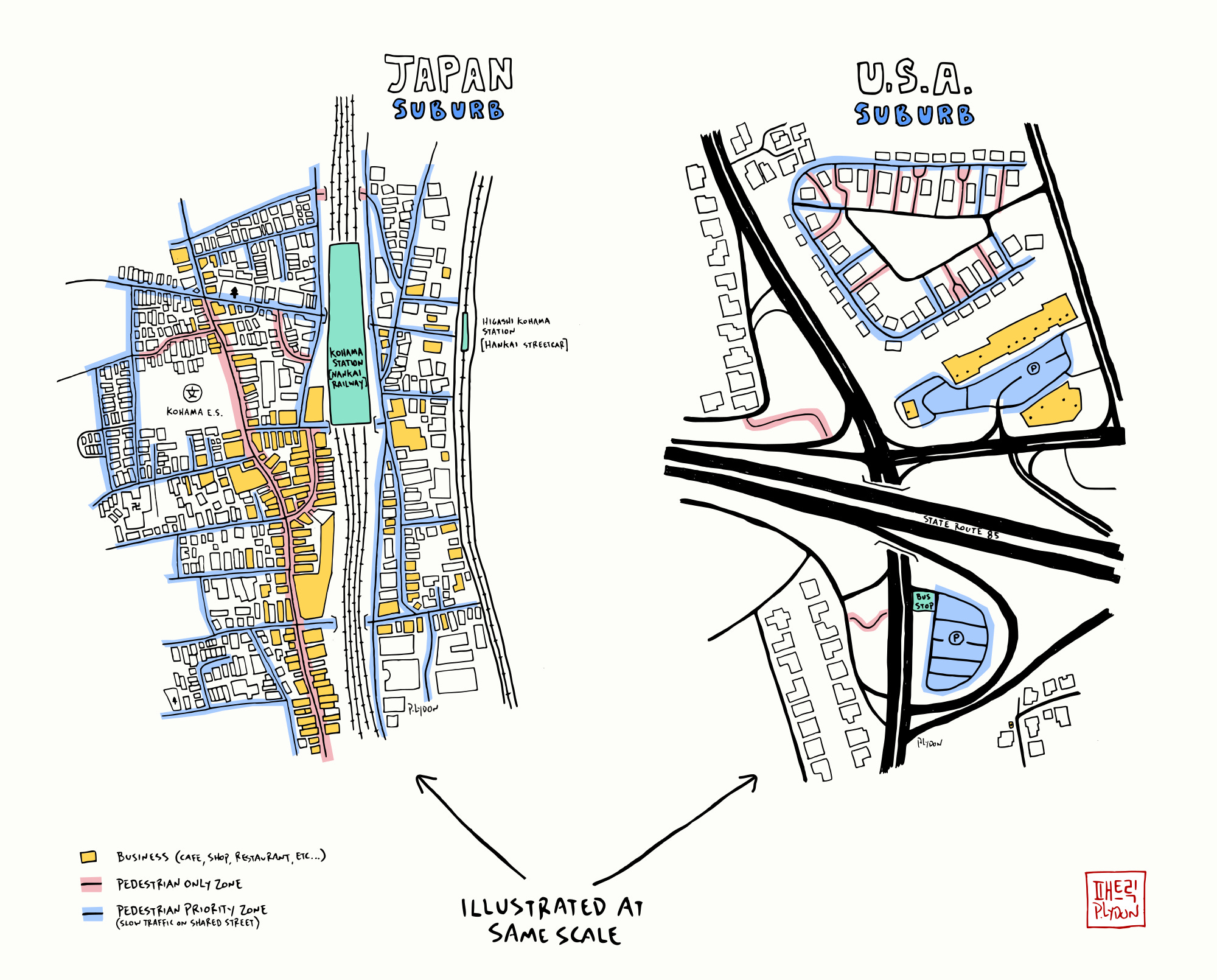 Color detail version of a street map, identifying businesses, pedestrian zones, and slow traffic shared streets. The left shows the tight knit alleys of a Japanese neighborhood. The right shows a California neighborhood at the same scale, with wide streets, big spaces between everything and no connectivity for pedestrians.