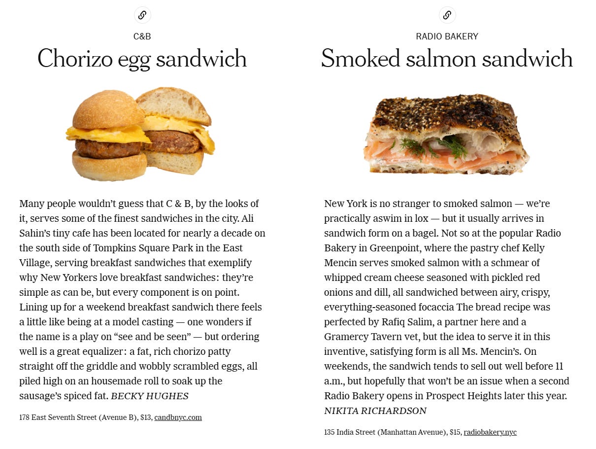 A screenshot of sandwiches fromt he NYT's best sandwiches in NYT article