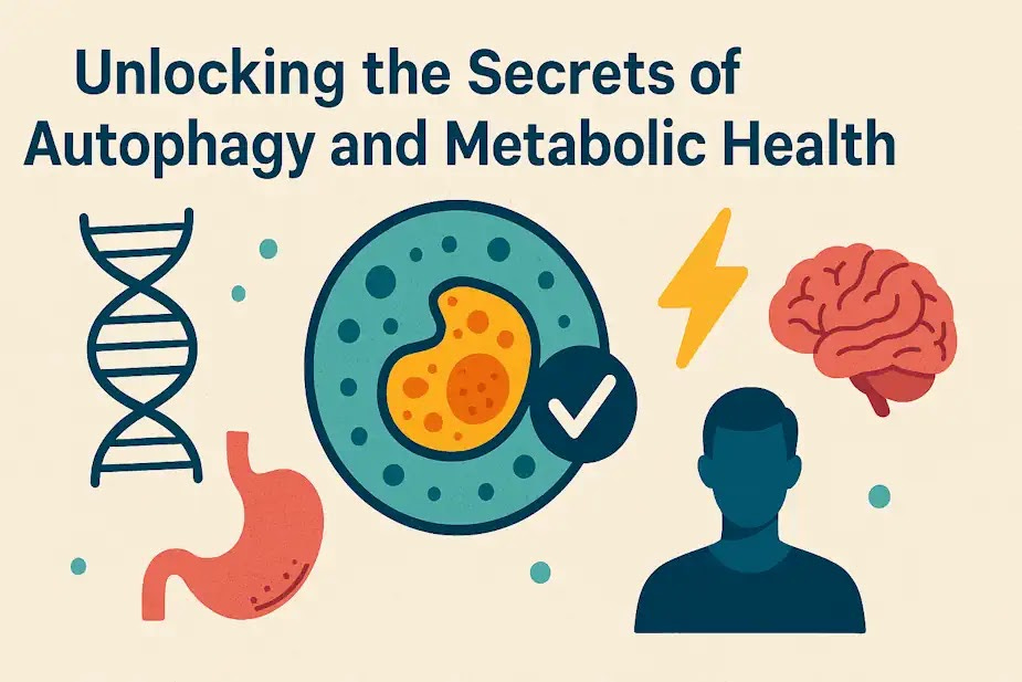 Infographic-style illustration showing autophagy and metabolic health with DNA, mitochondria, and cellular renewal symbols.